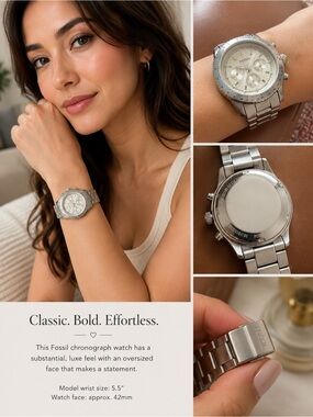 Fossil Silver Tone Chronograph Watch Oversized Boyfriend Style Stainless Steel